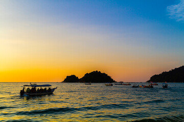 Sunset landscape with boats, Pangkor island, Malaysia