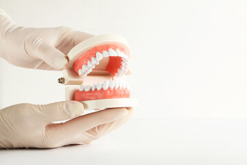 Fototapeta na wymiar Teeth model in dentist hands on grey background