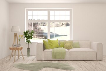 White living room with sofa. Scandinavian interior design. 3D illustration