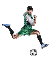 Young man playing football on white background