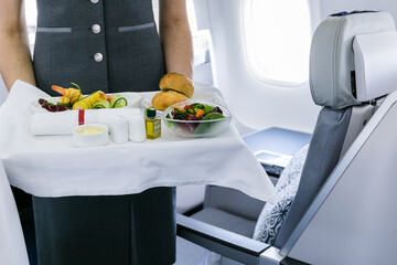 Mid section view of an air hostess carrying a tray of food