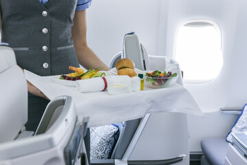 Mid section view of an air hostess carrying a tray of food