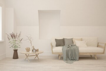 White living room with sofa. Scandinavian interior design. 3D illustration