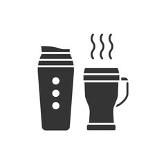 Reusable glass coffee and tea cup glyph black icon. Thermos for take away. Zero waste lifestyle. Eco friendly. Sign for web page, app, promo. UI UX GUI design element.