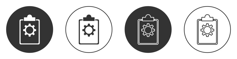 Black Checklist clipboard with 24 hours service icon isolated on white background. Circle button. Vector Illustration