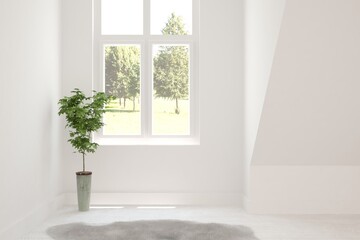 White empty room with summer landscape in window. Scandinavian interior design. 3D illustration