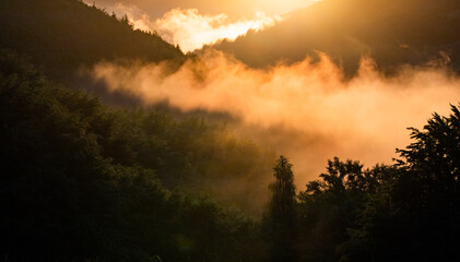 epic summer panorama of foggy sunset in mountains