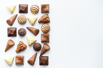 chocolate candies on white background, copy space, top view, space for text, world chocolate day