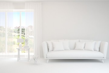 White minimalist living room with sofa. Scandinavian interior design. 3D illustration