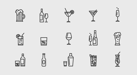 Alcoholic cocktails icons set. Simple outline cocktails icons isolated on white background. Set includes beer, mojito, whiskey. Icons set for restaurant, pub, bar. Vector illustration - obrazy, fototapety, plakaty