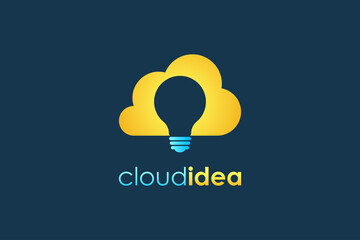 Electricity Logo. Yellow Cloud Icon with Negative Space Light Bulb inside isolated on Blue Background. Usable for Business and Technology Logos. Flat Vector Logo Design Template Element