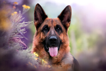 dog in flowers, breed German shepherd