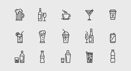 Drinks outline icons set. Set of 15 Drinks isolated on white background. Icons set includes beer, tea, mojito, whiskey, coffee. Icons for restaurant business, web design. Vector illustration