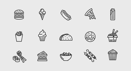 Food outline icons set. Set of 15 food icons isolated on white background. Set includes burger, hotdog, pizza, ice cream, taco. Icons for restaurant, fast food, web design. Vector illustration