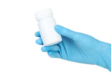 Doctor hand in glove holding medicine bottle on white background