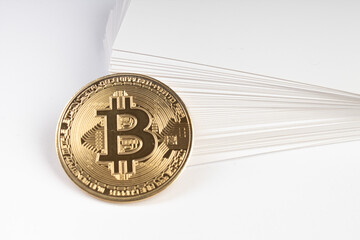 Mockup of business cards fan stack, bitcoin at white textured paper background.