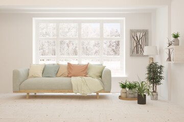 White living room with sofa and winter landscape in window. Scandinavian interior design. 3D illustration