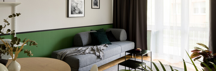 Living room with gray sofa, panorama