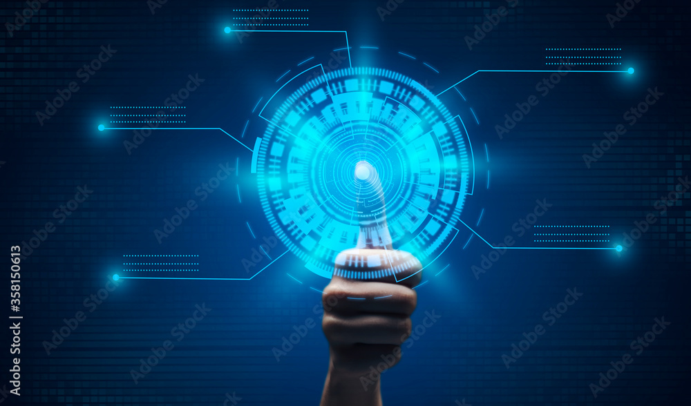 Poster man scanning thumb fingerprint touching virtual panel over blue background