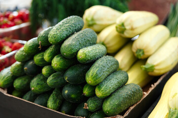 Stack with ripe cucumbers and squashes on the counter of the Belarussian market.