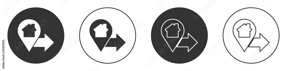 Poster black map pointer with house icon isolated on white background. home location marker symbol. circle 