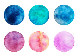 Watercolor hand painted circle shape design elements. Set of multicolored watercolor dots. Colorful watercolor spots