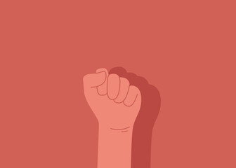 Protester raised fist at a political demonstration. Vector illustration on a red background. Revolution, demonstration, manifestation themed vector illustration.