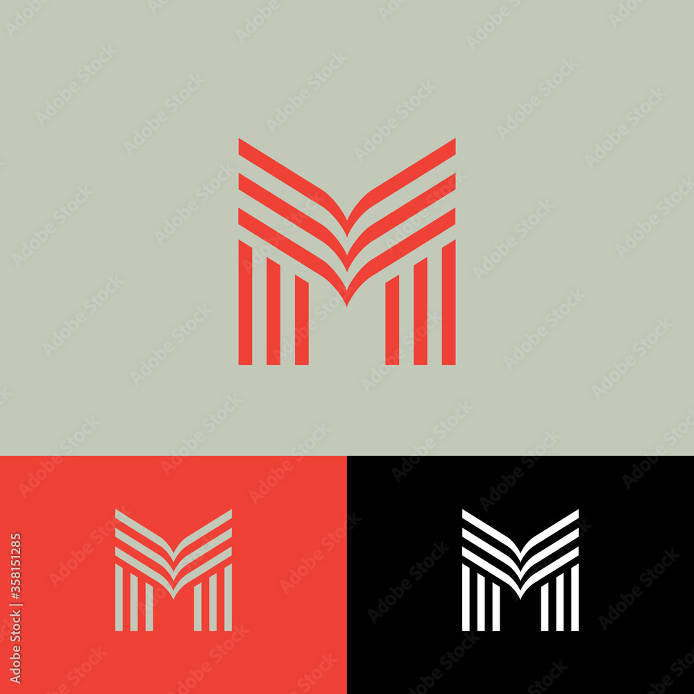 Poster m monogram. m letter consist of some linear elements. m letter located on different backgrounds.