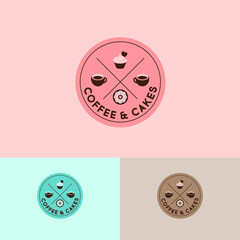 Coffee and Cakes logo. Cafe and pastries emblem. Coffee cups, cake and doughnut emblem into circle badge. Hipster flat logo.