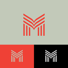 M monogram. M letter consist of some linear elements. M letter located on different backgrounds.