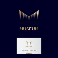 Museum logo. Gold M monogram. M letter consist of some linear elements like columns. Business card.