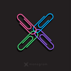 X letter. X monogram consist of some color clip, isolated on a dark background. Monochrome option.