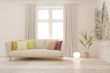 White living room with sofa. Scandinavian interior design. 3D illustration