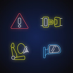 Drivers safety precautions neon light icons set. Safe driving signs with outer glowing effect. Warning sign, seatbelt, airbag and rear view mirror. Vector isolated RGB color illustrations
