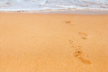 Footprints from children's feet in the clear sea sand