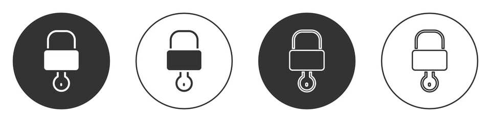 Black Lock and key icon isolated on white background. Padlock sign. Security, safety, protection, privacy concept. Circle button. Vector Illustration