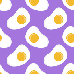 Seamless pattern with fried eggs on violet background. Vector illustration