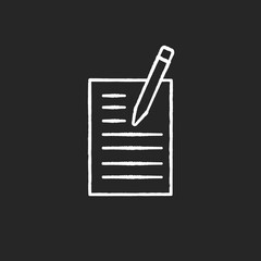 Creative writing chalk white icon on black background. Notebook with list. Online blog. Journalist freelance work. Brief for project. Business workshop. Isolated vector chalkboard illustration