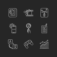 Freelancer work elements chalk white icons set on black background. Copywriter for online blog post. Pen cursor. Mobile software. Language translator. Isolated vector chalkboard illustrations