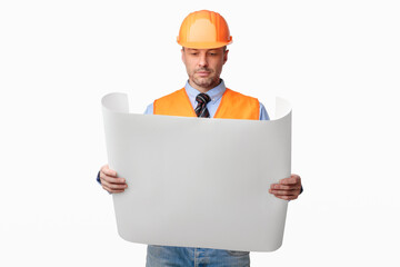 Building Engineer Man Holding House Plan Over White Background, Studio