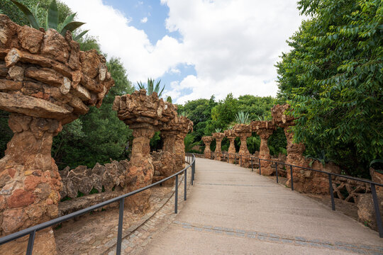 BARCELONA, CATALONIA, SPAIN - JUNE 12, 2020: The famous Parc G&uuml;ell designed by the architect Gaudi. Without tourists during phase 2 of the Covid-19 deescalation in the city of Barcelona.