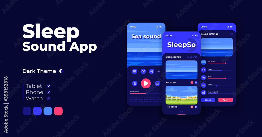 Poster natural music app cartoon smartphone interface vector templates set. mobile app screen page night mo