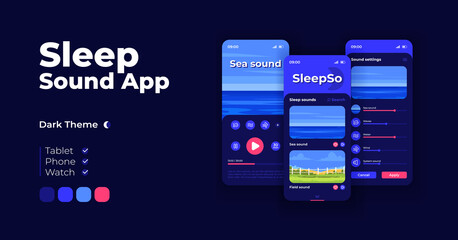 Natural music app cartoon smartphone interface vector templates set. Mobile app screen page night mode design. Audio player options UI for application. Phone display with flat illustrations