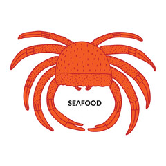Seafood sign. Marine sea life food. Red color crab doodle drawing. Isolated on white background. Fun creative design for menu, sticker, banner. Sketch Stock vector illustration. Hand drawn poster.