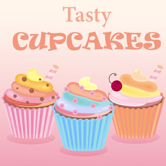 Tasty cupcakes background. Card with sweet cupcake. Flat cartoon style vector illustration.