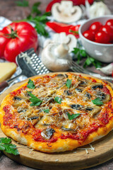 Pizza with mushrooms and cheese. Italian cuisine.