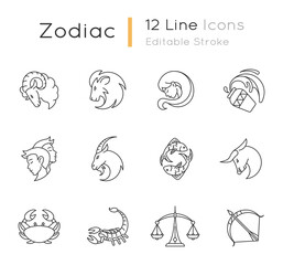 Zodiac signs pixel perfect linear icons set. Twelve horoscope customizable thin line contour symbols for fortune telling. Different birth signs. Isolated vector outline illustrations. Editable stroke