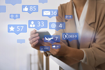 Woman using modern smartphone indoors, closeup. Social media marketing