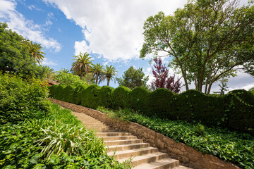 BARCELONA, CATALONIA, SPAIN - JUNE 12, 2020: The famous Parc Güell designed by the architect Gaudi. Without tourists during phase 2 of the Covid-19 deescalation in the city of Barcelona.