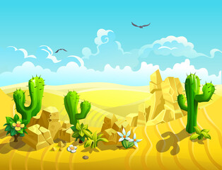  Cacti and deserts plants among sands. Hot desert.